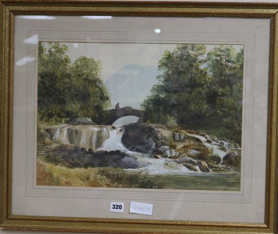 John T. Parry, watercolour with bodycolour, a man fishing off a bridge, signed, 33 x 47cm